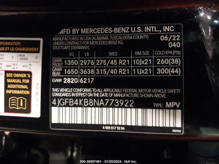 VIN 4JGFB4KB8NA773922 2022 MERCEDES-BENZ GLE 350 4MATIC