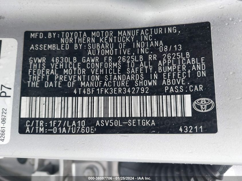 2014 TOYOTA CAMRY L/SE/LE/XLE - 4T4BF1FK3ER342792