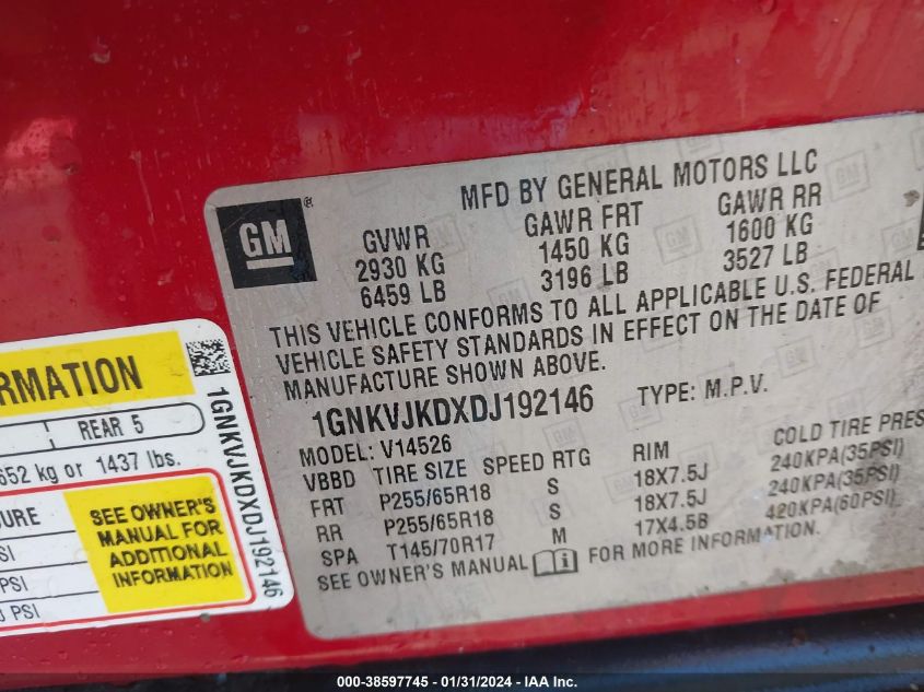 2013 CHEVROLET TRAVERSE 2LT - 1GNKVJKDXDJ192146