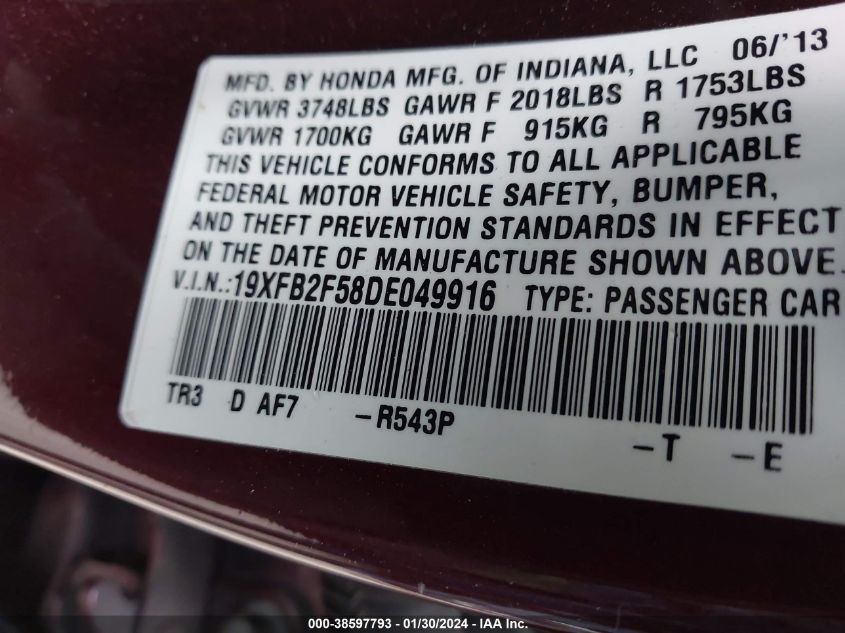 2013 HONDA CIVIC LX - 19XFB2F58DE049916