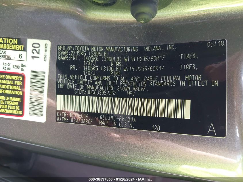 2018 TOYOTA SIENNA XLE/XLE PREMIUM/LIMITED/LIMITED PREMIUM - 5TDYZ3DC6JS952367