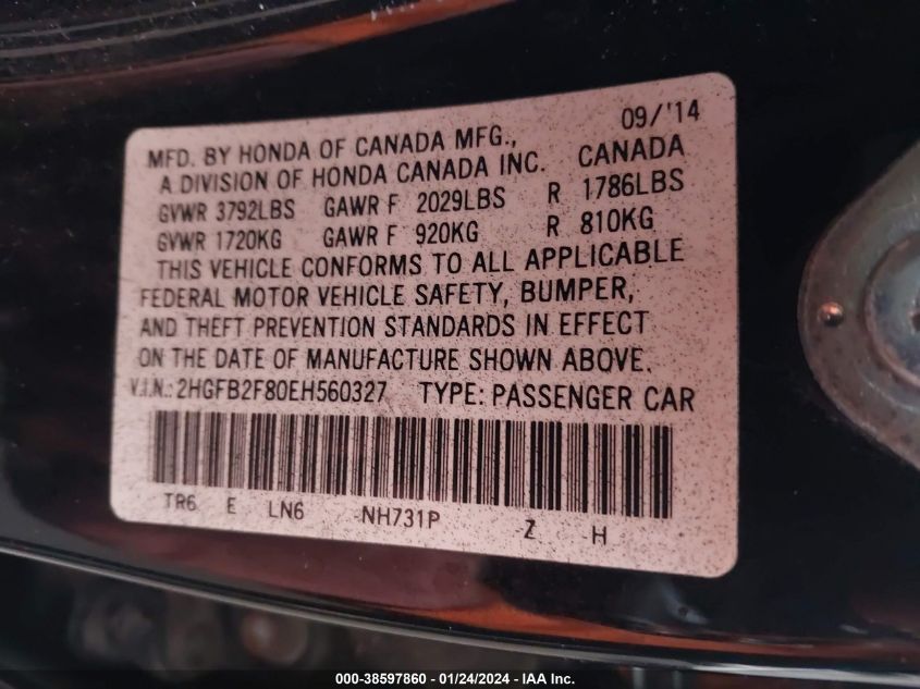 2014 HONDA CIVIC EX - 2HGFB2F80EH560327