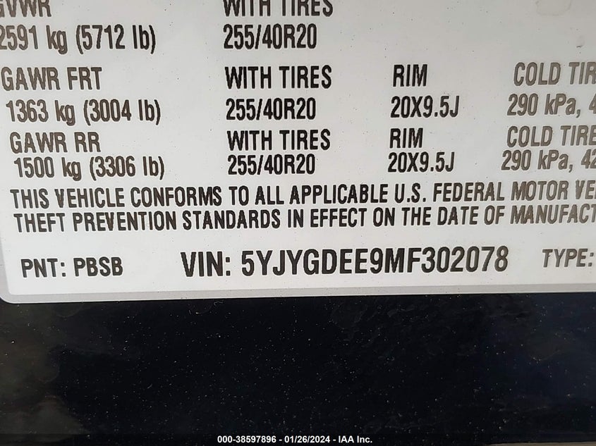 VIN 5YJYGDEE9MF302078 2021 TESLA MODEL Y