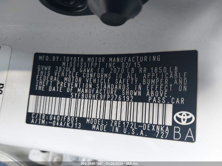 2015 TOYOTA COROLLA L/LE/LE PLS/PRM/S/S PLS - 5YFBURHE9FP276192