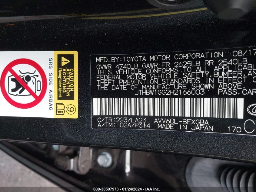 2017 LEXUS ES 300H - JTHBW1GG2H2166003