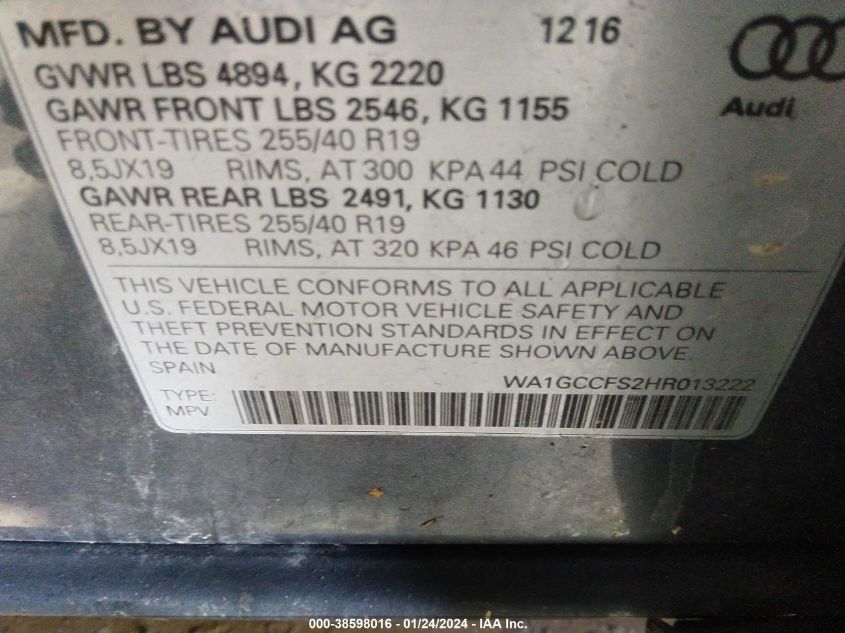 2017 AUDI Q3 2.0T PREMIUM - WA1GCCFS2HR013222
