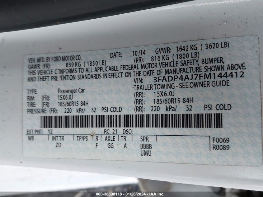2015 FORD FIESTA S - 3FADP4AJ7FM144412