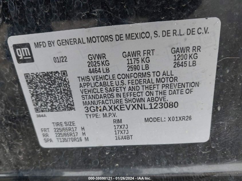 2022 CHEVROLET EQUINOX FWD LT - 3GNAXKEVXNL123080