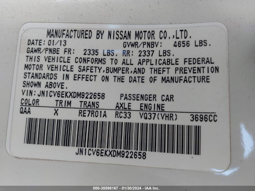 2013 INFINITI G37 JOURNEY - JN1CV6EKXDM922658