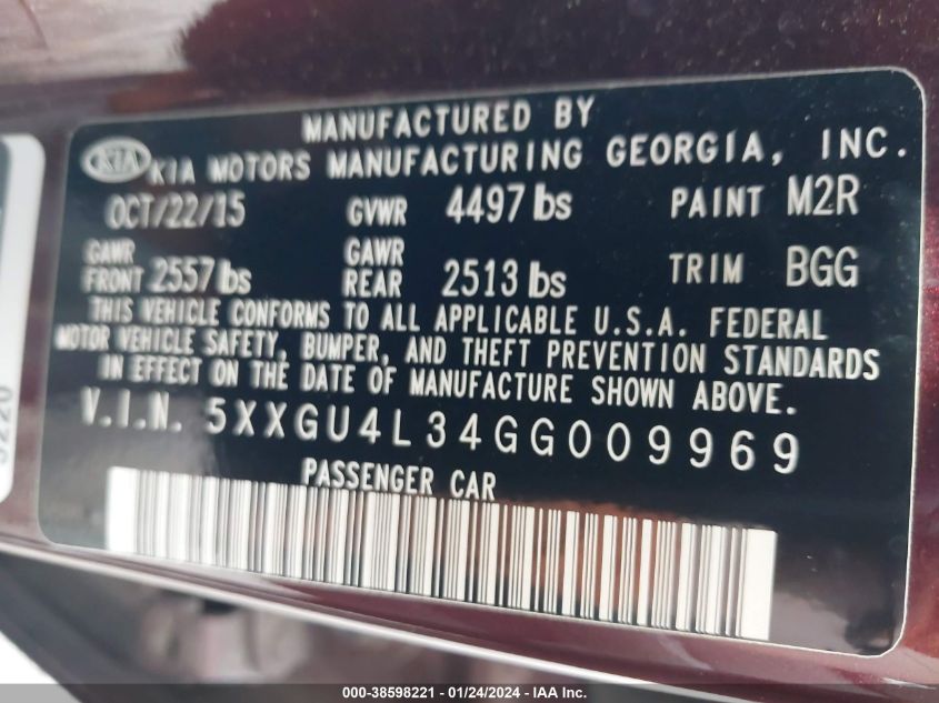 2016 KIA OPTIMA EX - 5XXGU4L34GG009969