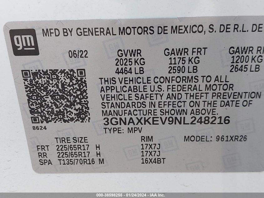 2022 CHEVROLET EQUINOX FWD LT - 3GNAXKEV9NL248216