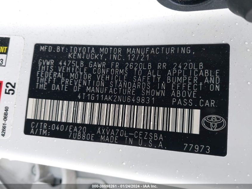 2022 TOYOTA CAMRY SE - 4T1G11AK2NU649831