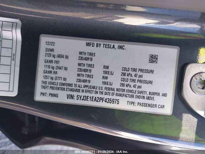 2023 TESLA MODEL 3 REAR-WHEEL DRIVE - 5YJ3E1EA2PF435975