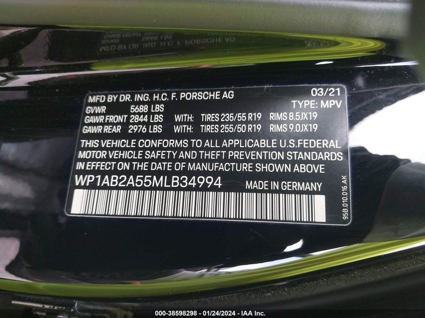 VIN WP1AB2A55MLB34994 2021 PORSCHE MACAN S