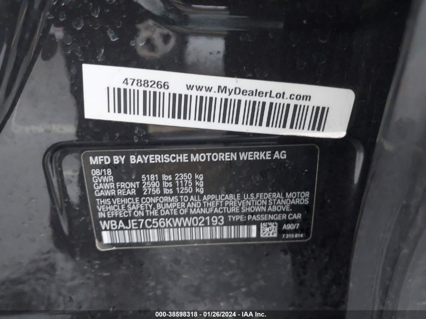 2019 BMW 540I XDRIVE WBAJE7C56KWW02193