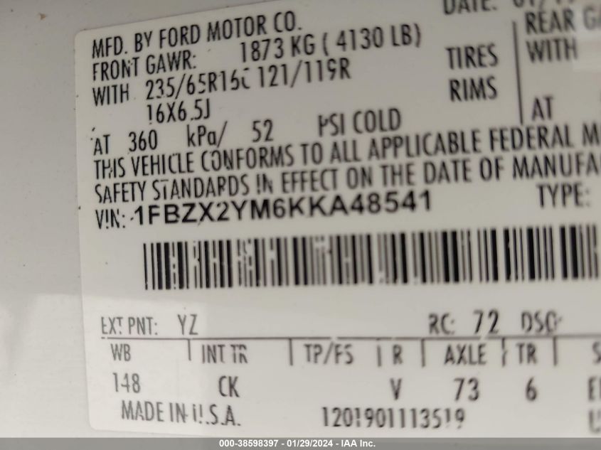 2019 FORD TRANSIT-350 XLT - 1FBZX2YM6KKA48541