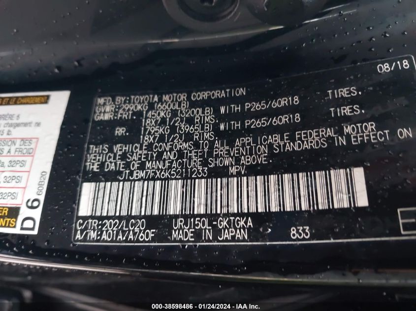 2019 LEXUS 460 PREMIUM JTJBM7FX6K5211233
