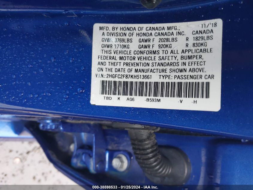2019 HONDA CIVIC SPORT - 2HGFC2F87KH513661