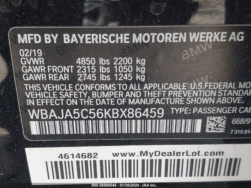 2019 BMW 530I I - WBAJA5C56KBX86459