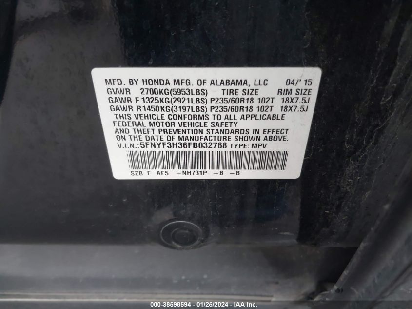 2015 HONDA PILOT SE - 5FNYF3H36FB032768