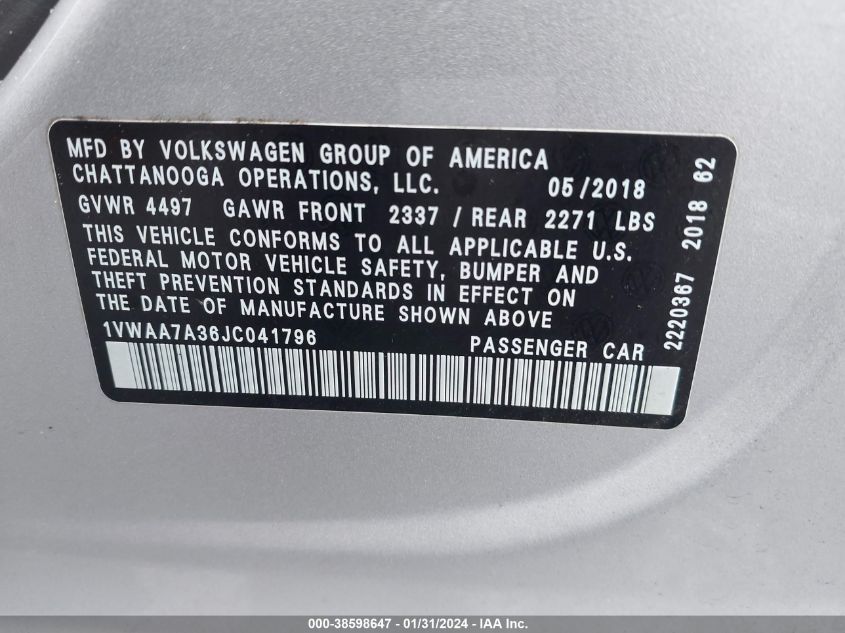 2018 VOLKSWAGEN PASSAT S/R-LINE - 1VWAA7A36JC041796