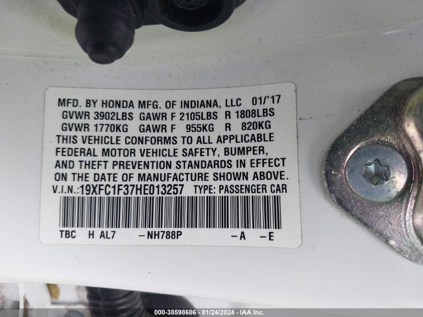 2017 HONDA CIVIC EX-T - 19XFC1F37HE013257