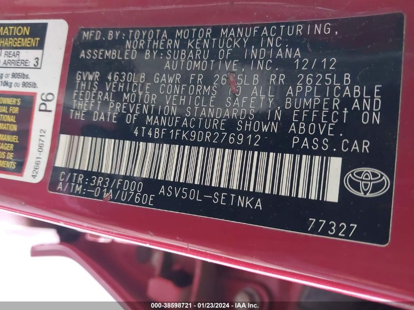 2013 TOYOTA CAMRY LE - 4T4BF1FK9DR276912