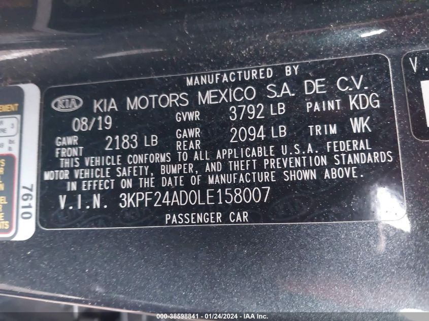 2020 KIA FORTE LXS - 3KPF24AD0LE158007
