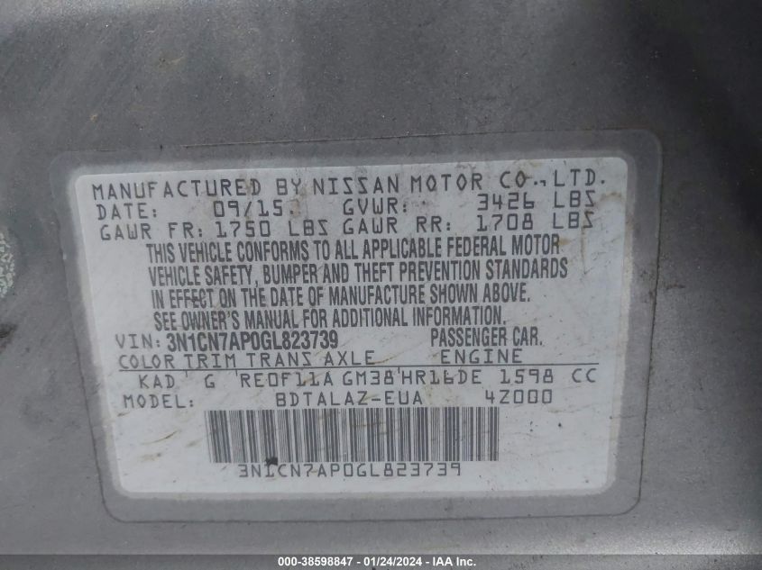 2016 NISSAN VERSA 1.6 S+ - 3N1CN7AP0GL823739