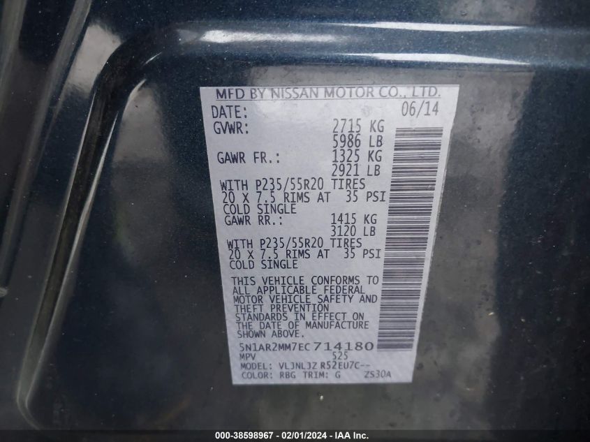 2014 NISSAN PATHFINDER PLATINUM - 5N1AR2MM7EC714180
