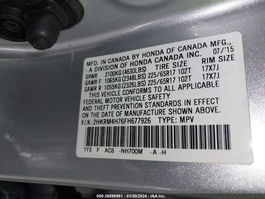 2015 HONDA CR-V EX-L - 2HKRM4H76FH677926