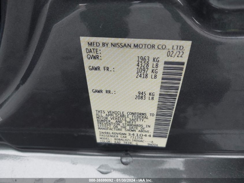 2022 NISSAN ALTIMA SV FWD - 1N4BL4DV6NN341044