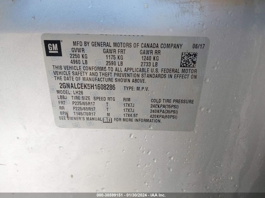 2017 CHEVROLET EQUINOX LT - 2GNALCEK5H1608286