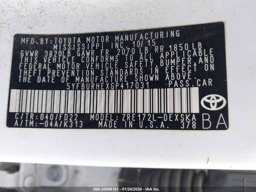 2016 TOYOTA COROLLA S PLUS - 5YFBURHEXGP417031