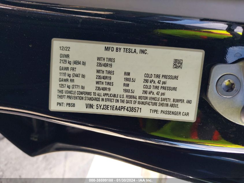 2023 TESLA MODEL 3 REAR-WHEEL DRIVE - 5YJ3E1EA4PF438571