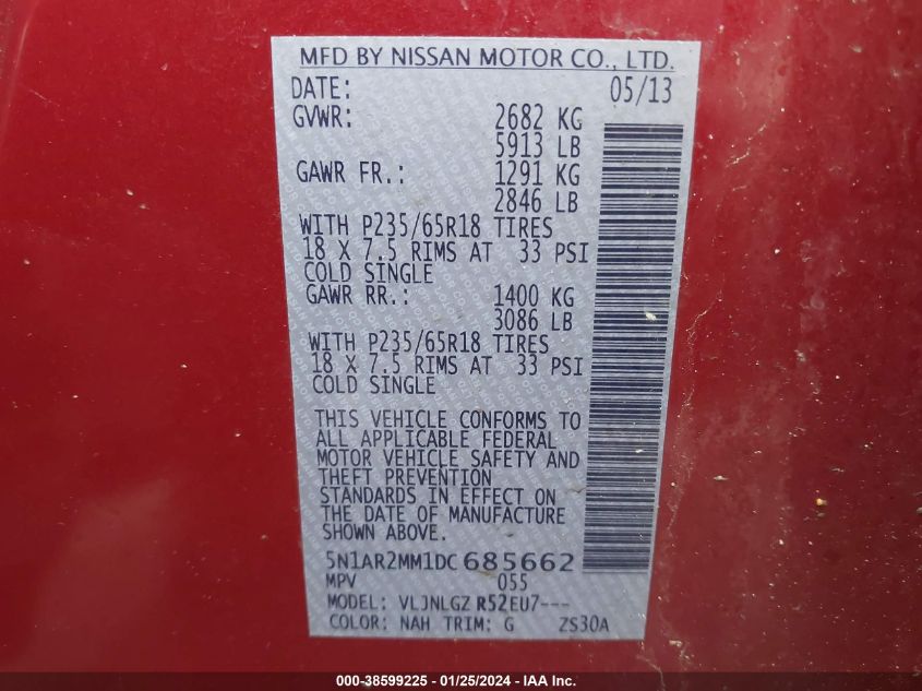2013 NISSAN PATHFINDER S/SV/SL/PLATINUM - 5N1AR2MM1DC685662
