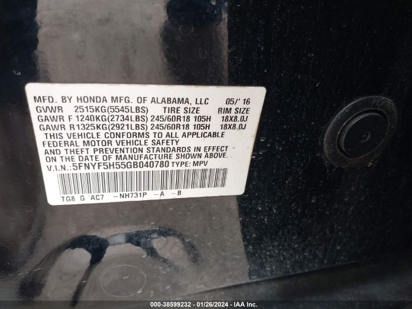 2016 HONDA PILOT EXL - 5FNYF5H55GB040780