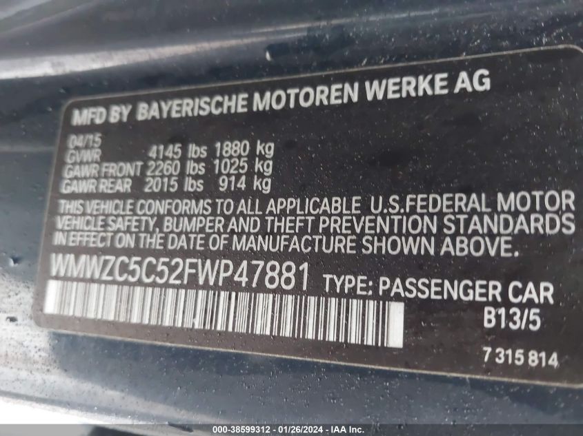 2015 MINI COUNTRYMAN S COUNTRYMAN - WMWZC5C52FWP47881