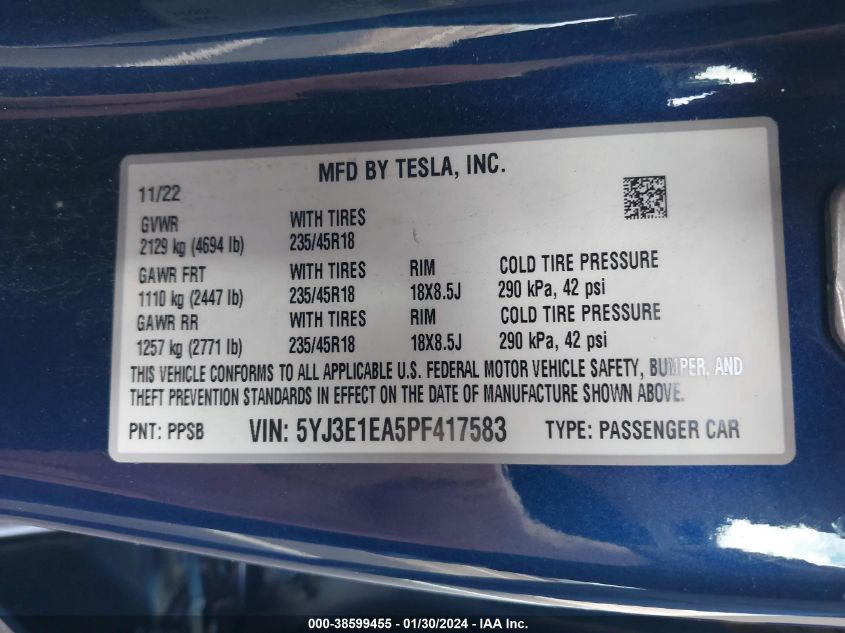 2023 TESLA MODEL 3 REAR-WHEEL DRIVE - 5YJ3E1EA5PF417583