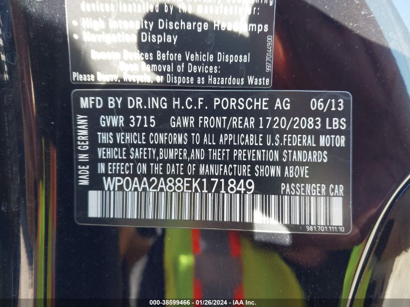 2014 PORSCHE CAYMAN WP0AA2A88EK171849