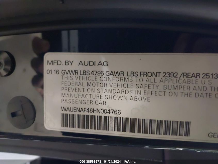 2017 AUDI A4 2.0T PREMIUM - WAUENAF46HN004766
