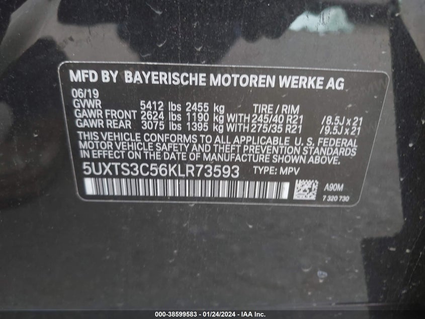VIN 5UXTS3C56KLR73593 2019 BMW X3 M40I