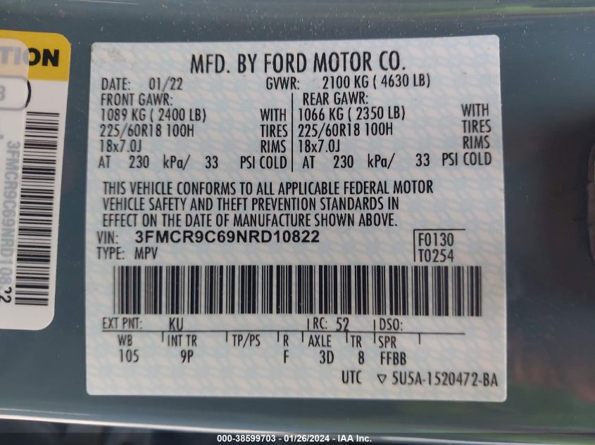 2022 FORD BRONCO SPORT OUTER BANKS - 3FMCR9C69NRD10822