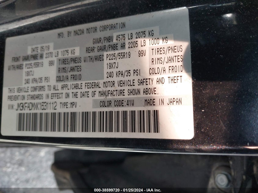 VIN JM3KFADMXK1631112 2019 MAZDA CX-5 GRAND TOURING