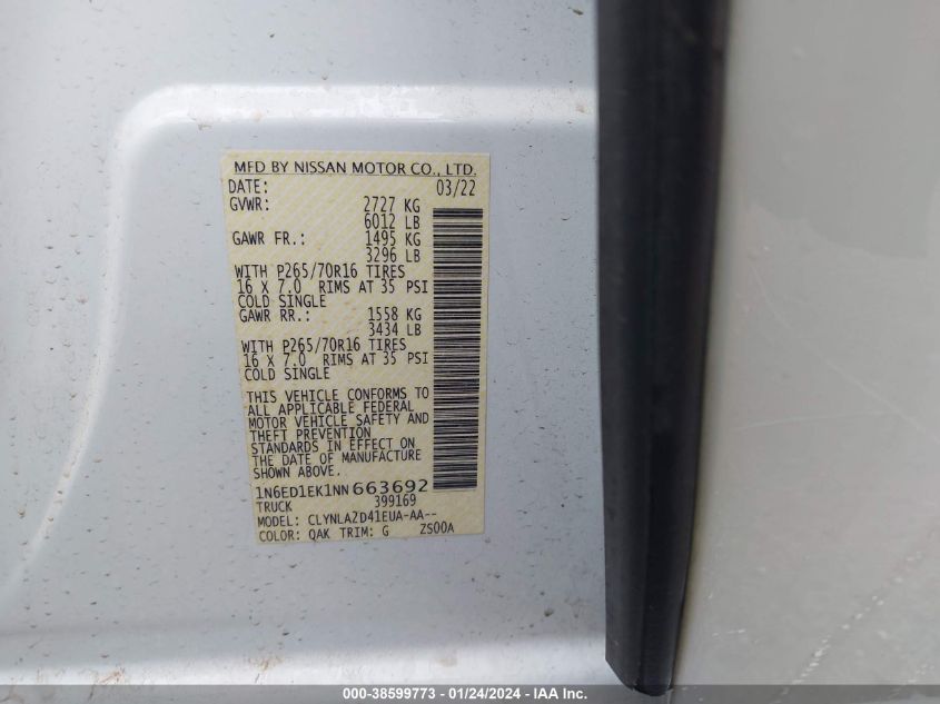 2022 NISSAN FRONTIER S 4X4 - 1N6ED1EK1NN663692