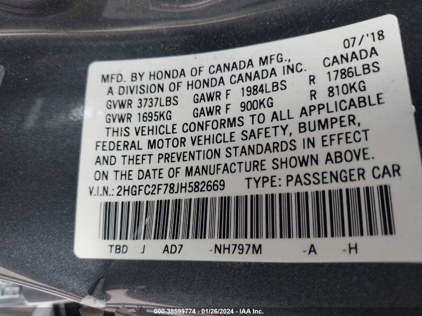 2018 HONDA CIVIC EX - 2HGFC2F78JH582669