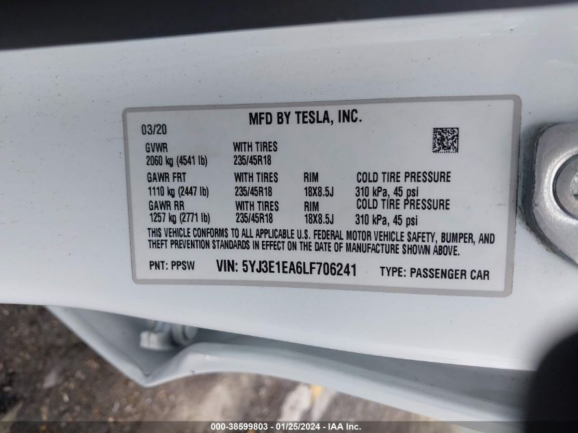 2020 TESLA MODEL 3 STANDARD RANGE PLUS REAR-WHEEL DRIVE/STANDARD RANGE REAR-WHEEL DRIVE - 5YJ3E1EA6LF706241