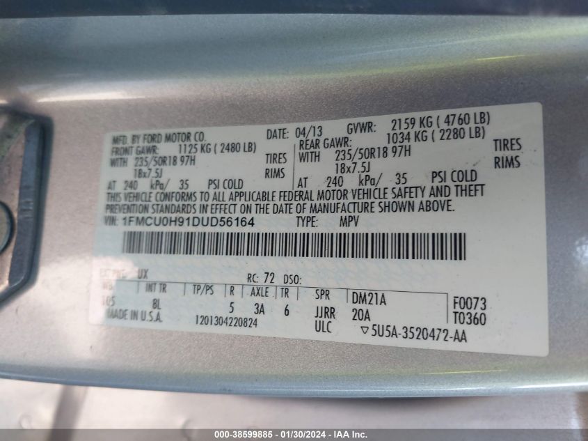 2013 FORD ESCAPE SEL - 1FMCU0H91DUD56164