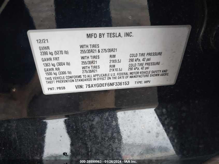 2022 TESLA MODEL Y PERFORMANCE DUAL MOTOR ALL-WHEEL DRIVE - 7SAYGDEF6NF336153
