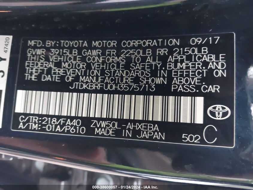 2017 TOYOTA PRIUS TWO - JTDKBRFU0H3575713